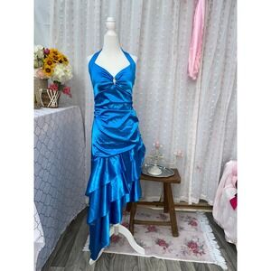 Halter Dress Blue Party Cocktail Ruffle Formal Gown Evening Dress Size 7